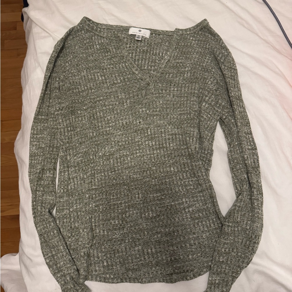 Socialite Olive-Grey V-Neck Knit Sweater